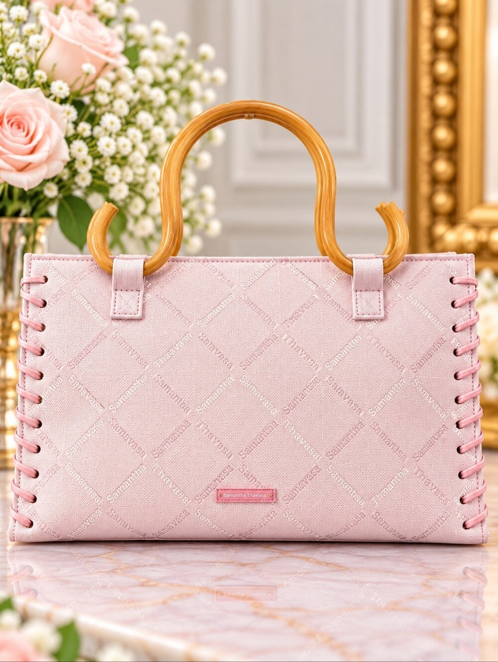 Samantha Thavasa Pink Logo Print Tote Bag Wood Handle Lace-Up Designer Handbag